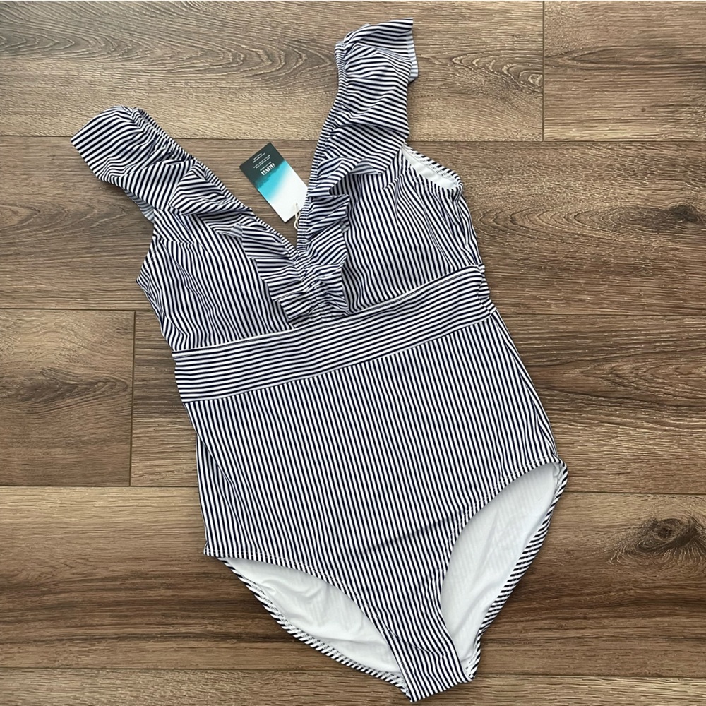 NWT aava Oceane Retro One Piece Swim Suit Blue and White Stripe X-Large